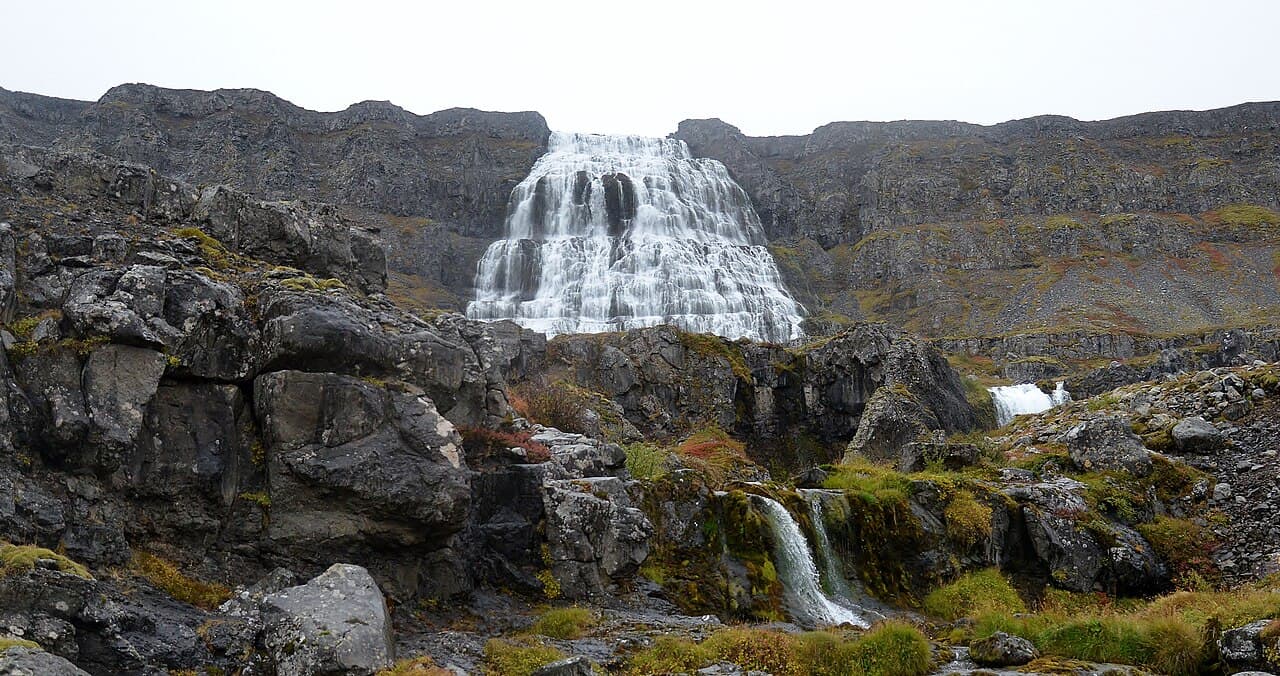 Dynjandi waterfall cascading over tiered cliffs in the Westfjords of Iceland